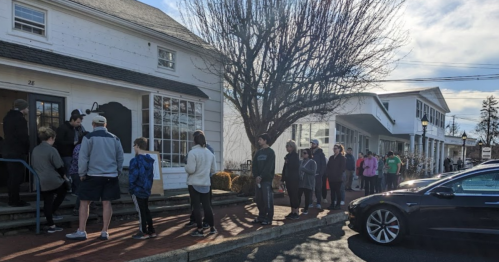 A long line of people waiting outside a building on a sunny day, with trees and parked cars nearby.