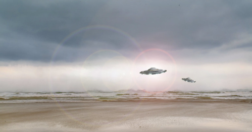 Two UFOs hover above a stormy beach, with dark clouds and waves in the foreground, creating a mysterious atmosphere.