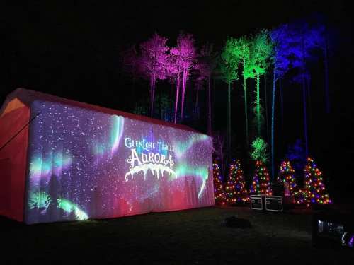 A colorful light display on a tent, with trees and decorated Christmas trees illuminated in vibrant hues at night.