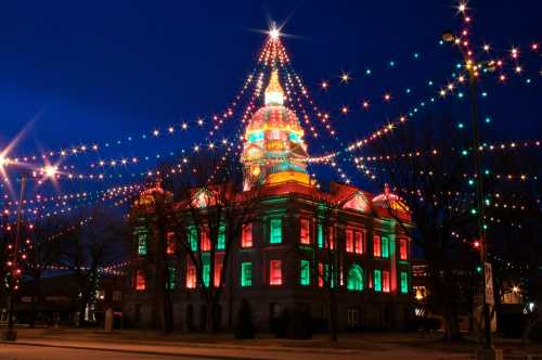 A beautifully lit building adorned with colorful Christmas lights, resembling a festive tree at night.