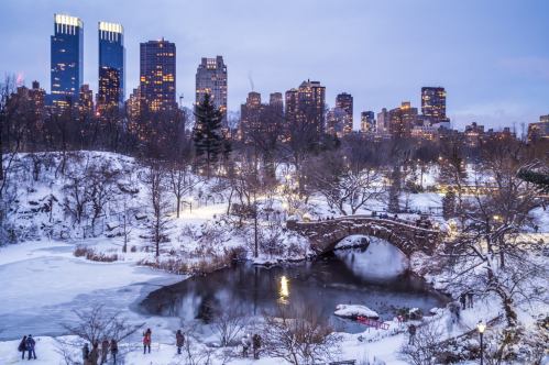 A snowy Central Park scene with a bridge, frozen pond, and a skyline of tall buildings in the background at dusk.
