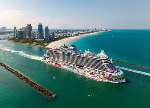 Norwegian Aqua departing Miami port with colorful hull