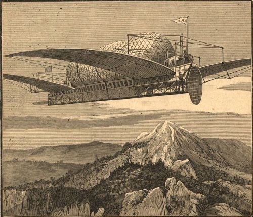 An illustration of an early flying machine soaring over mountainous terrain, featuring large wings and a distinctive design.