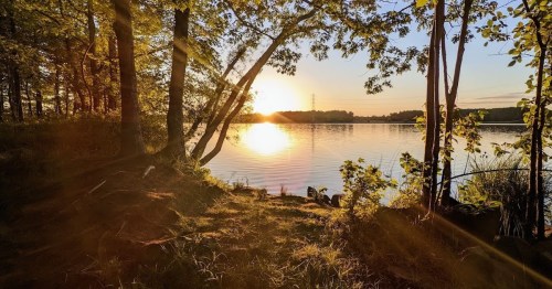 Sunset over a calm lake, framed by trees, with warm light reflecting on the water's surface.
