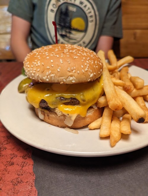 A sesame seed burger with cheese, pickles, and fries on a plate, with a person in the background.