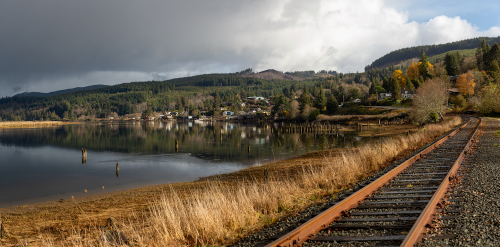 A tranquil landscape featuring a railway track beside a calm river, surrounded by trees and distant hills under a cloudy sky.