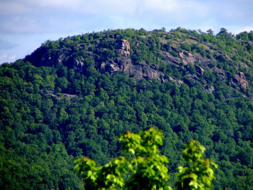 A lush green mountain with rocky outcrops under a blue sky, partially obscured by foliage in the foreground.
