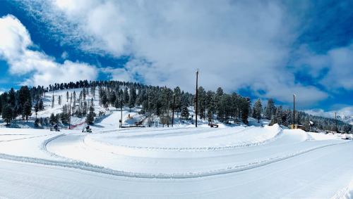 A snowy landscape with winding tracks, surrounded by trees and a blue sky with clouds.