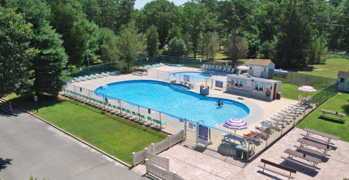Aerial view of a swimming pool surrounded by lounge chairs and greenery, with a small building nearby.