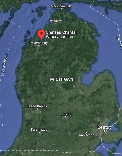 Map of Michigan highlighting the location of Chateau Chantal Winery and Inn near Traverse City.