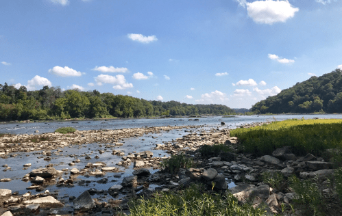 A serene river scene with rocky banks, lush greenery, and a clear blue sky dotted with clouds.