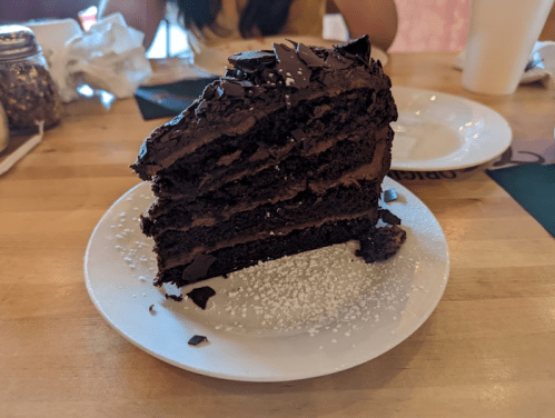 A slice of rich chocolate cake with layers, topped with chocolate shavings and dusted with powdered sugar on a plate.
