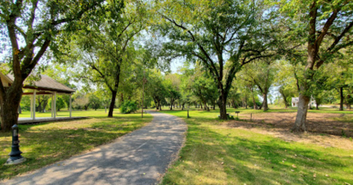 A scenic park pathway lined with trees, leading through a green landscape with a gazebo in the distance.