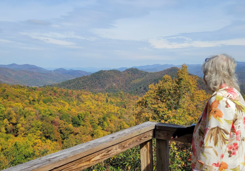 A person with gray hair stands on a wooden overlook, gazing at colorful autumn mountains and a clear sky.