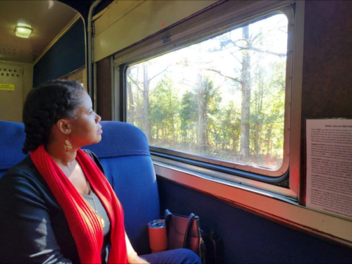 A woman with braided hair gazes out a train window, surrounded by trees and natural scenery. She wears a red scarf.