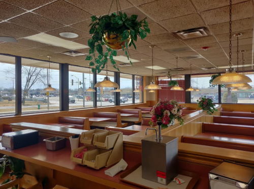 Interior of a restaurant featuring booths, hanging plants, and large windows with a view of the outside.