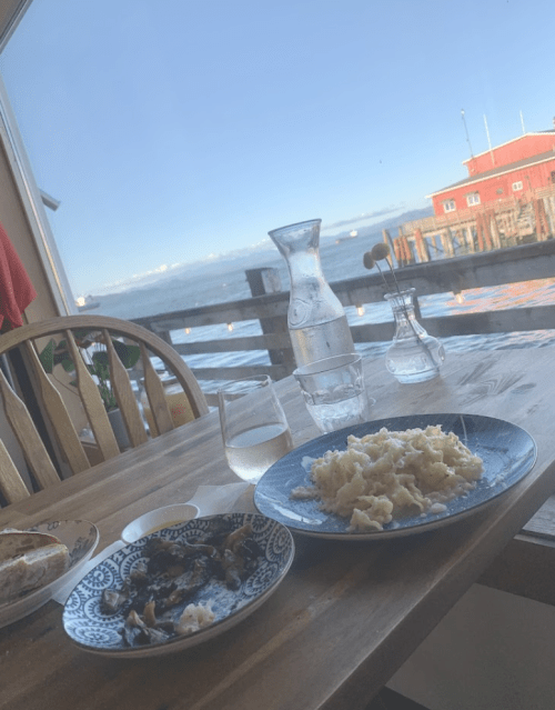 A table set by a window with plates of food, a glass of water, and a view of the water and a red building outside.