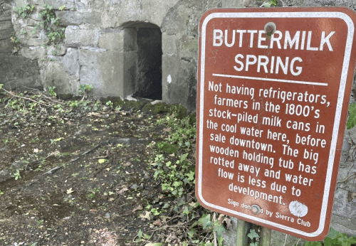 Sign for Buttermilk Spring, explaining its historical use for storing milk in the 1800s, near a stone structure.