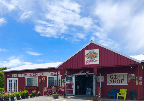 A red cottage with "The Pumpkin Cottage Gift Shop" sign, featuring flowers and an open sign under a blue sky.