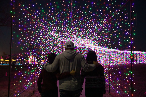 A family stands together, admiring a colorful display of holiday lights in a festive outdoor setting.