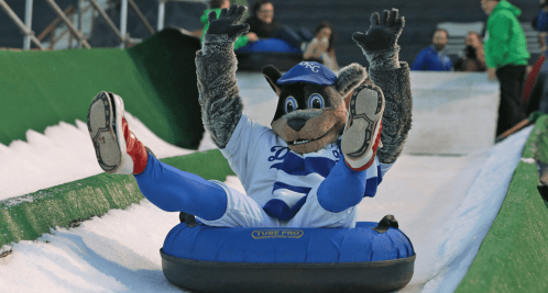 A mascot in a blue and white outfit slides down a snowy slope on a tube, raising its arms in excitement.