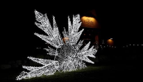 A large, illuminated snowflake decoration glows in front of a building at night.