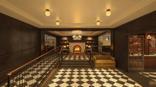 Cozy interior with a fireplace, elegant lighting, and a checkered floor, featuring a staircase and a seating area.