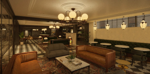 Cozy lounge with vintage decor, featuring leather sofas, a chandelier, and patterned flooring. Warm, inviting atmosphere.