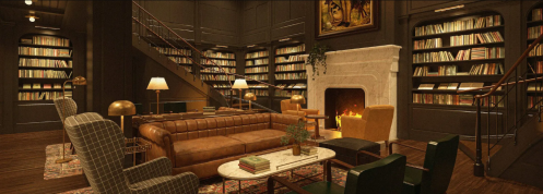 Cozy library with a leather sofa, bookshelves, a fireplace, and warm lighting, creating an inviting atmosphere.