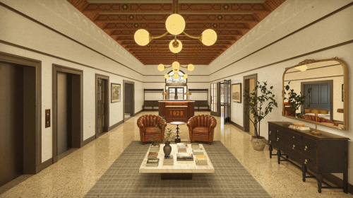 A stylish lobby with leather chairs, a coffee table, and a vintage reception desk, featuring elegant lighting and decor.