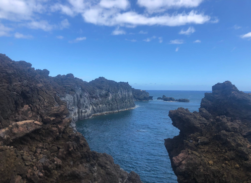 Rocky coastline with cliffs and clear blue water under a partly cloudy sky.
