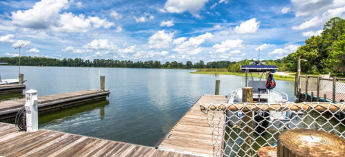 A serene waterfront scene with a dock, boat, and lush greenery under a bright blue sky with fluffy clouds.