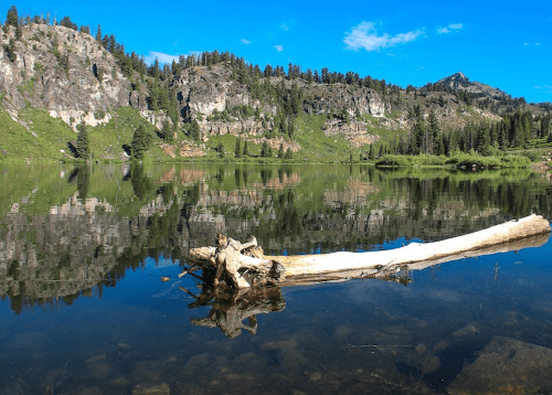 A serene lake reflects rocky cliffs and trees under a clear blue sky, with a log resting on the water's edge.