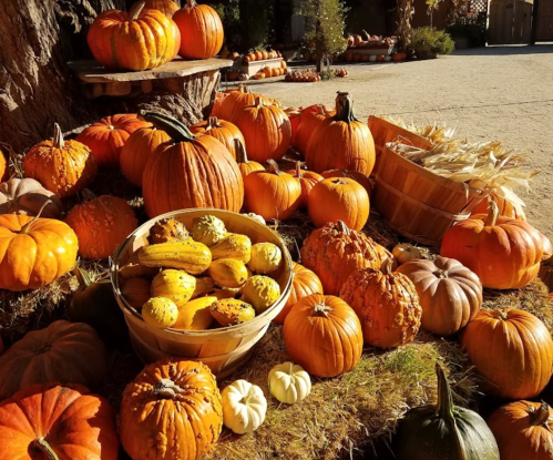 A variety of pumpkins and gourds in orange and white, arranged around wooden baskets in a sunny outdoor setting.