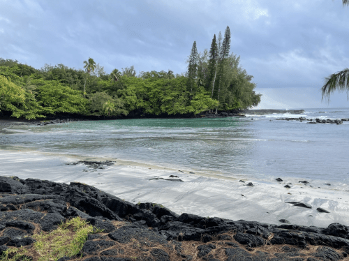 A serene beach scene with black lava rocks, lush greenery, and calm waters under a cloudy sky.