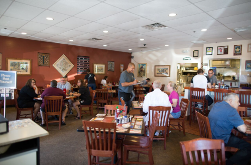 A busy restaurant interior with diners at tables and a server interacting with customers.