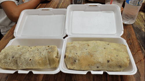 Two burritos in takeout containers, one with a light-colored tortilla and the other with a darker, speckled tortilla.