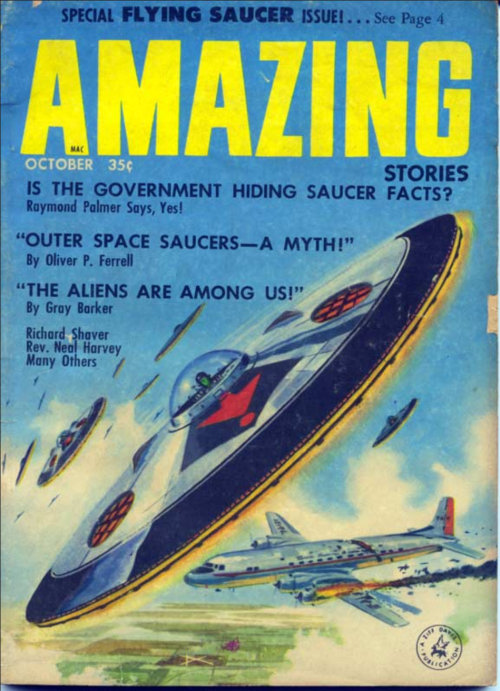 Cover of "Amazing Stories" magazine featuring a flying saucer and the text "The Aliens Are Among Us!" in bold.