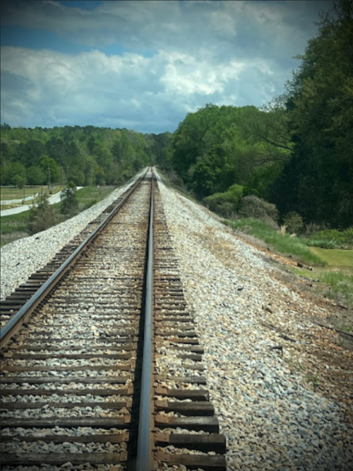A view of railway tracks stretching into the distance, surrounded by greenery and a cloudy sky.