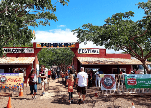 A lively pumpkin festival entrance with colorful banners, people walking, and trees under a bright blue sky.