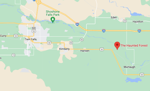 Map showing the location of The Haunted Forest near Twin Falls, Idaho, with nearby landmarks and highways.