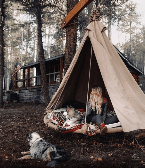A woman sits inside a tent with two dogs, surrounded by trees and a rustic cabin in the background.