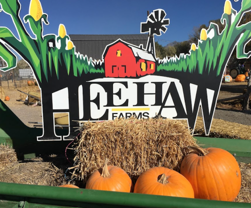 A colorful sign for Hee Haw Farms featuring a red barn, windmill, and pumpkins in a farm setting.