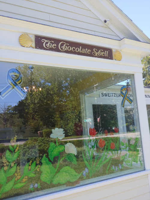 A storefront window displays colorful flower paintings and ribbons, with a sign reading "The Chocolate Shell."
