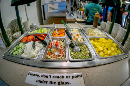 A salad bar with various fresh vegetables, toppings, and a sign that says, "Please, don't reach or point under the glass."