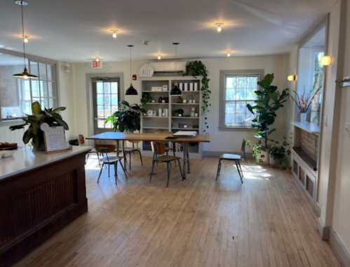 Bright, airy room with wooden floors, a large table, chairs, plants, and shelves, creating a cozy, inviting atmosphere.