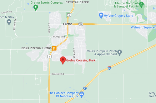 Map showing the location of Gretna Crossing Park in Gretna, Nebraska, near major roads and local landmarks.