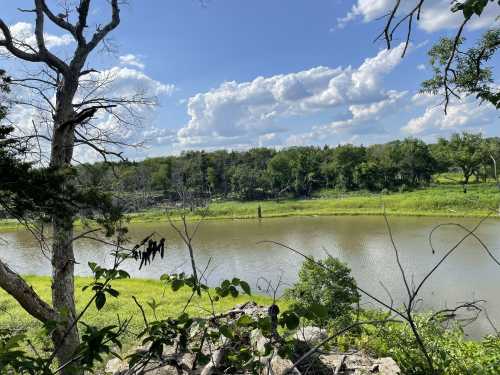 A serene river scene surrounded by lush greenery and trees under a partly cloudy sky.