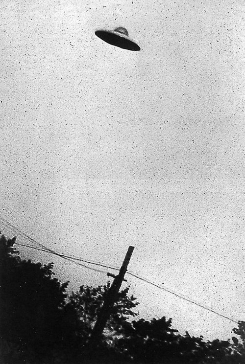 A black and white image of a flying saucer hovering in the sky above trees and a power line.