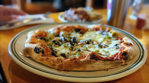 A close-up of a pizza topped with cheese, olives, and vegetables on a white plate, set on a wooden table.